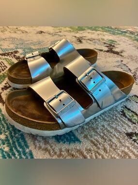 Birkenstock Silver Two-Strap Buckle Sandal